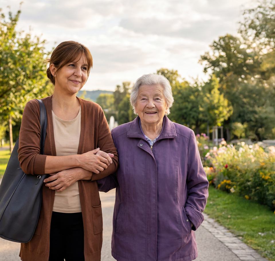Ramona Schmidt begleitet eine Seniorin beim Spaziergang